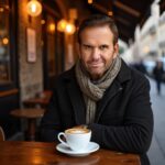 Angelo drinking coffee at a table of a street side cafe