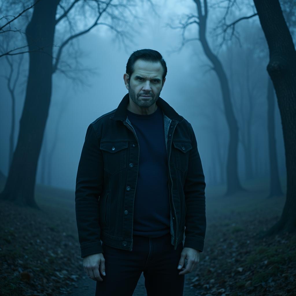 Angelo Oddo in the woods with a spooky blue haze